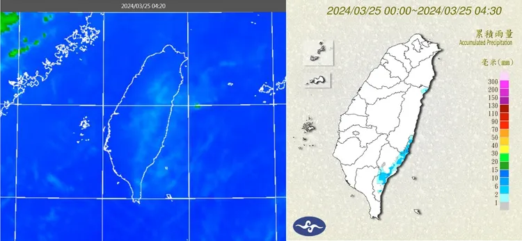 今(25日)晨4：20色調強化雲圖顯示，台灣大多晴朗 (左圖)。4：30累積雨量圖顯示，花東有零星降雨(右圖)。取自氣象應用推廣基金會