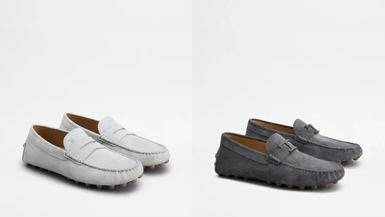 Mocassiono淺灰色豆豆鞋（左）2萬6500元、T Timeless灰色麂皮豆豆鞋（右）2萬8800元。品牌提供