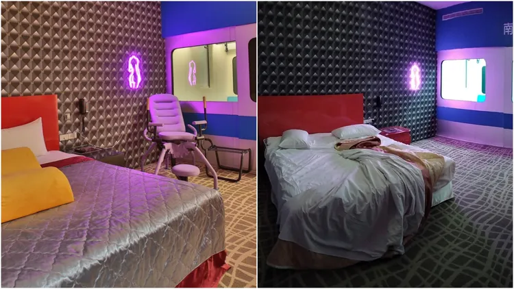 業者貼出該間客房使用前後對比照片，位於角落的淺色八爪椅莫名消失。翻攝自臉書「慾望實境娛樂汽車旅館」