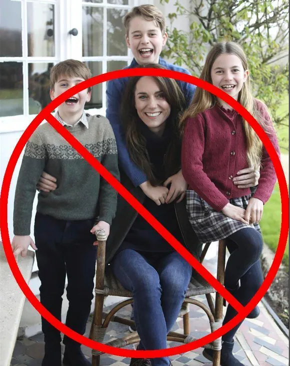 英國王室發布的官方照片被抓包P圖合成，各國主流媒體均警示是「偽照」。美聯社