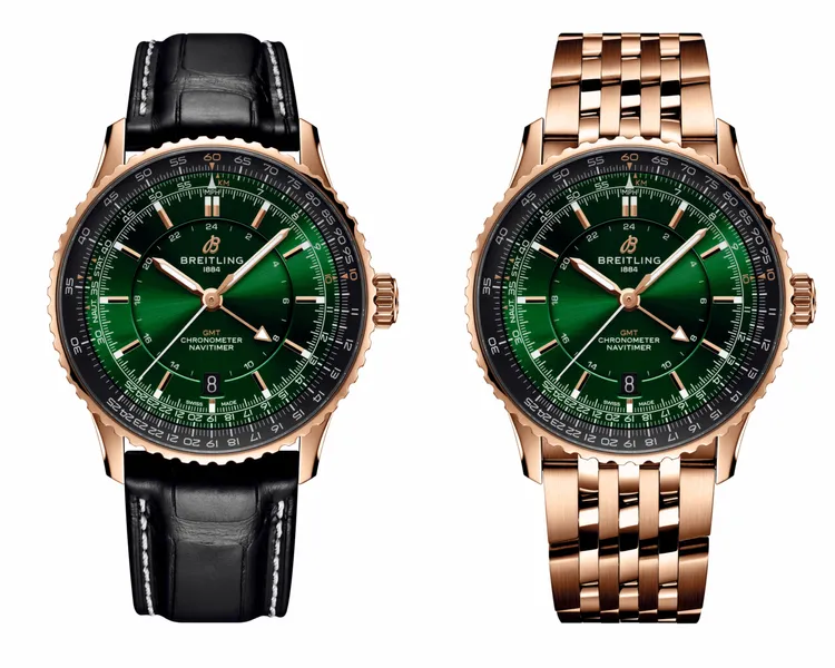 百年靈Navitimer GMT 41航空兩地時間腕錶，18K紅金皮帶款（左）48萬3000元、18K紅金鍊帶款（右 112萬8000元。品牌提供