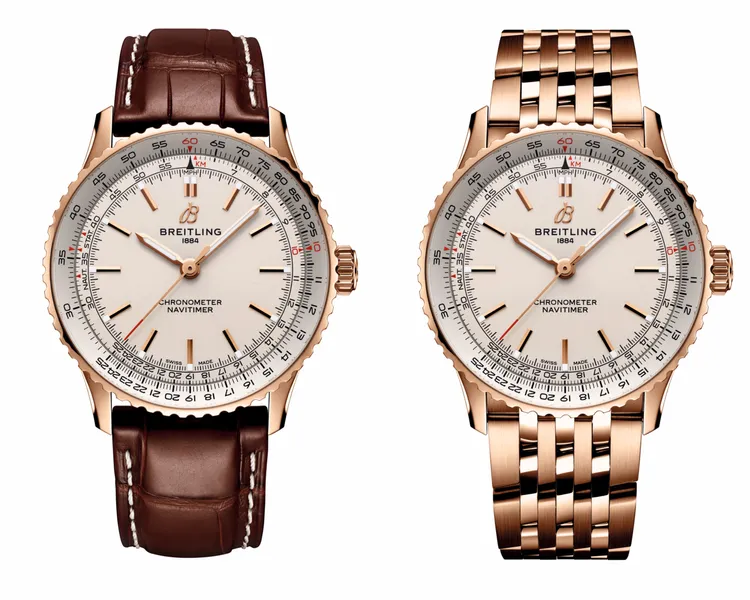百年靈Navitimer Automatic 41航空自動腕錶18K紅金皮帶款（左）46萬7000元、18K紅金鍊帶款（右） 111萬1000元。品牌提供