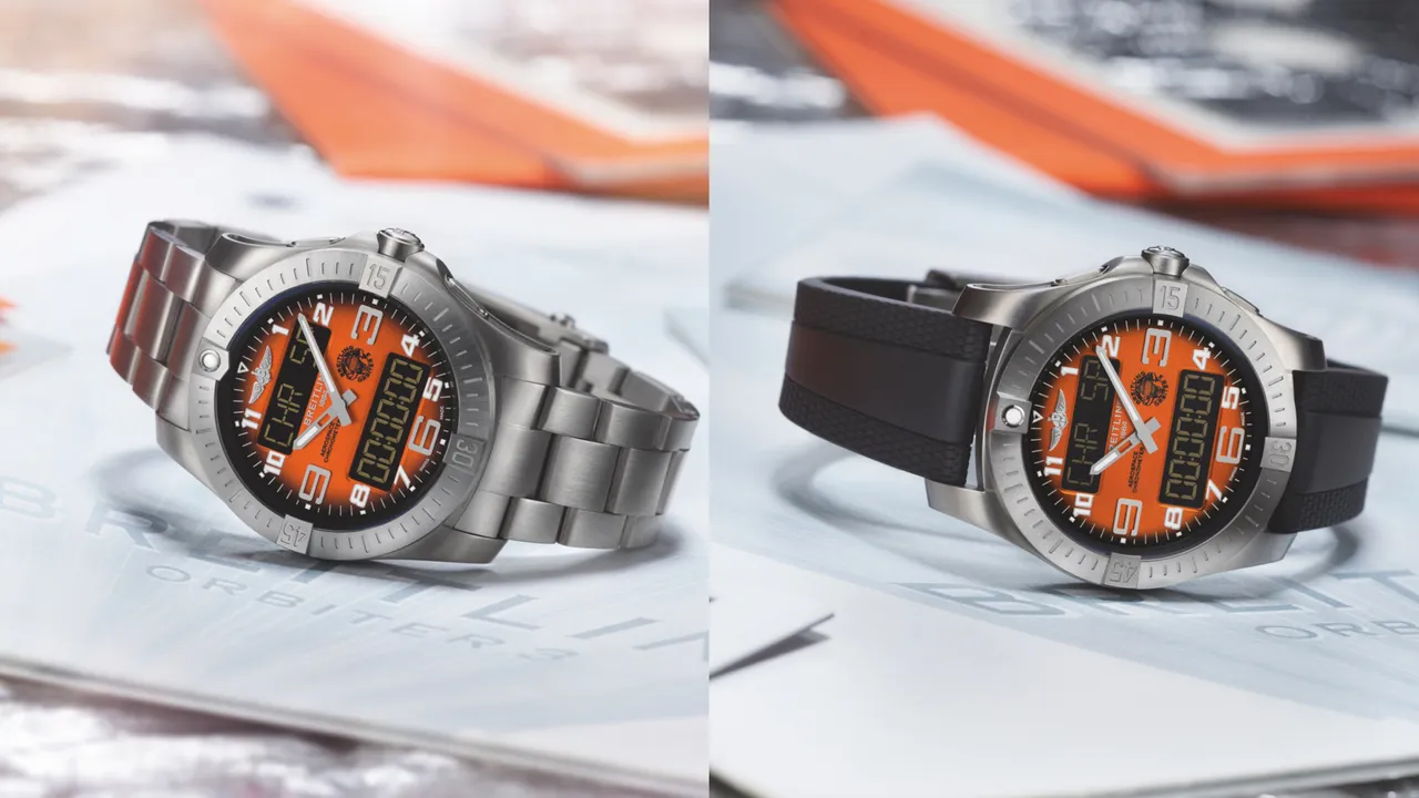 百年靈Aerospace B70 Orbiter航天多功能熱氣球B70腕錶,鍊帶款13萬5000元、皮帶款13萬元。品牌提供