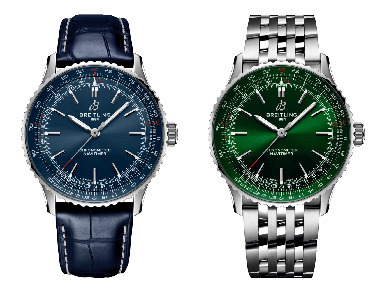 百年靈Navitimer Automatic 41航空自動腕錶,藍色錶盤皮帶款(左)15萬2000元、綠色錶盤鍊帶款(右)16萬元。品牌提供