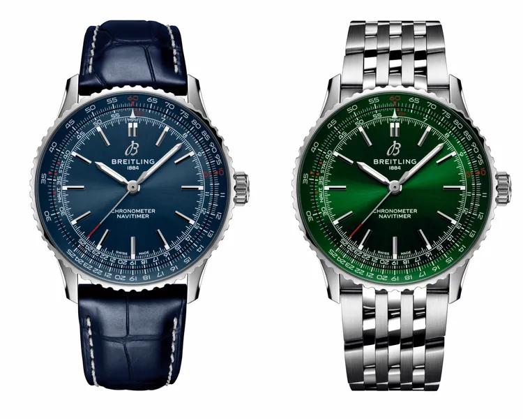 百年靈Navitimer Automatic 41航空自動腕錶，藍色錶盤皮帶款（左）15萬2000元、綠色錶盤鍊帶款（右）16萬元。品牌提供