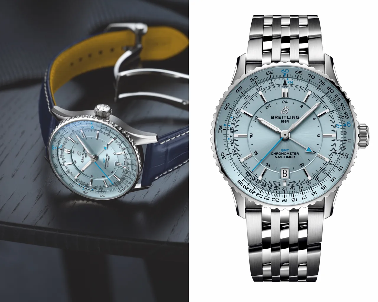 百年靈Navitimer GMT 41航空兩地時間腕錶冰藍色錶盤鍊帶款17萬6000元、皮帶款16萬8000元。品牌提供