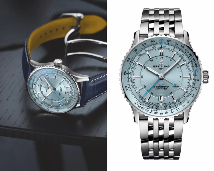 百年靈Navitimer GMT 41航空兩地時間腕錶冰藍色錶盤鍊帶款17萬6000元、皮帶款16萬8000元。品牌提供