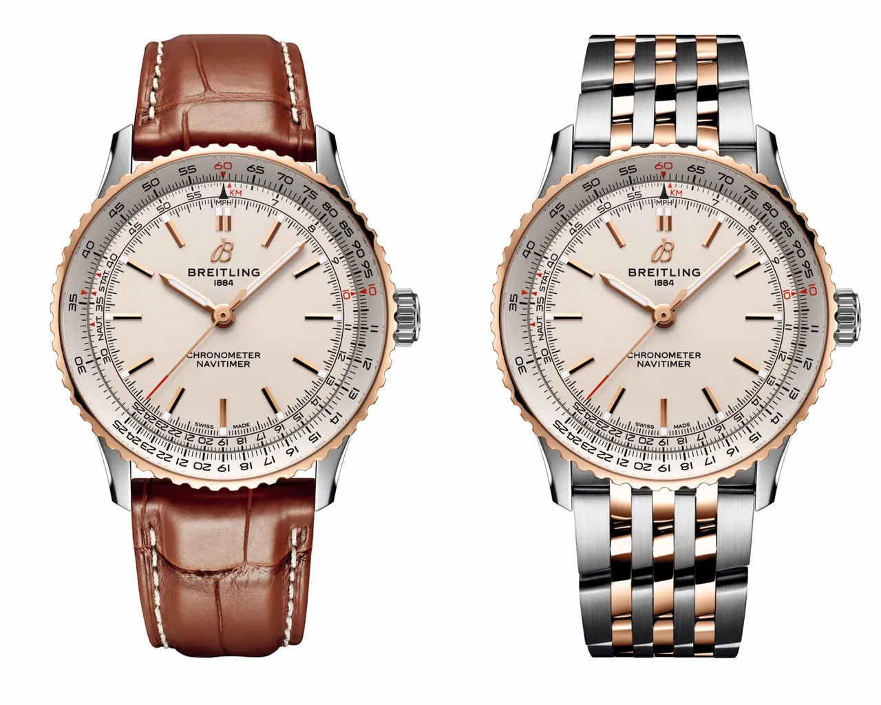 百年靈Navitimer Automatic 41航空自動腕錶,精鋼與18K紅金皮帶款(左)21萬8000元、精鋼與18K紅金鍊帶款(右)28萬7000元。品牌提供