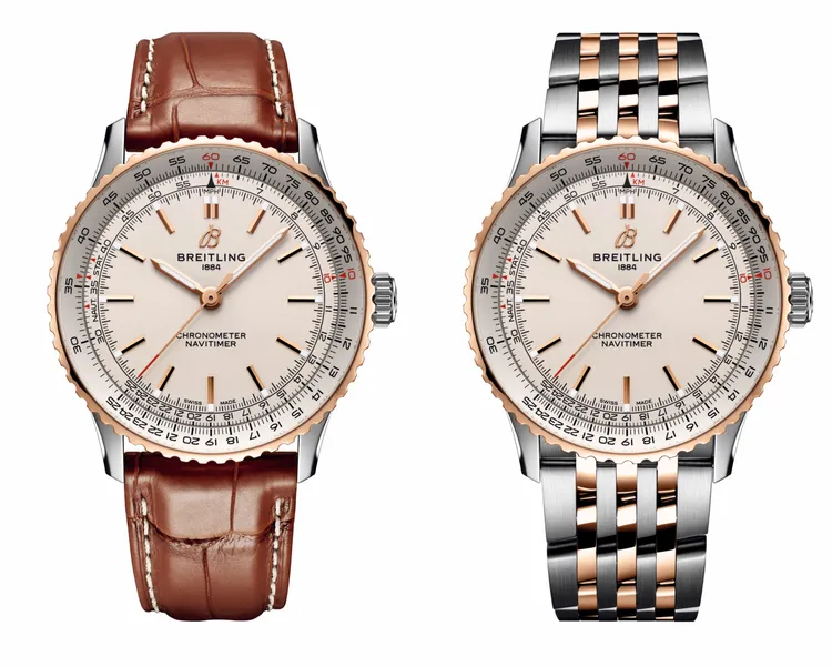 百年靈Navitimer Automatic 41航空自動腕錶，精鋼與18K紅金皮帶款（左）21萬8000元、精鋼與18K紅金鍊帶款（右）28萬7000元。品牌提供