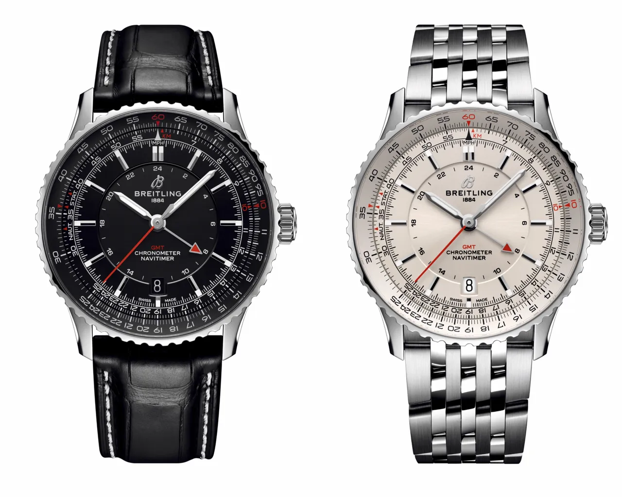 百年靈Navitimer GMT 41航空兩地時間腕錶黑色錶盤皮帶款(左)16萬8000元、銀色錶盤鍊帶款(右)17萬6000元。品牌提供