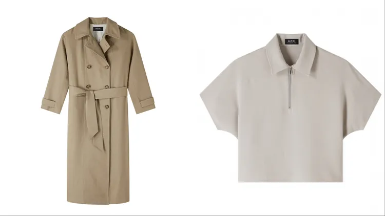 女裝米卡其雙排釦長版風衣（左）3萬5000元、女裝灰色拉鍊短袖POLO衫（右）1萬100元。品牌提供