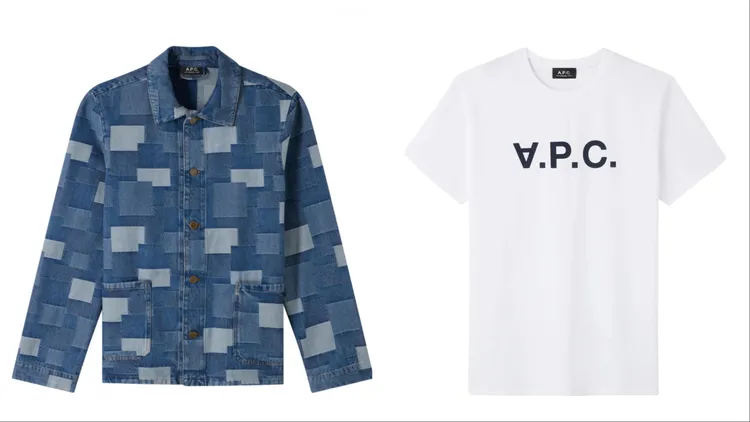 深海藍牛仔拼接長袖夾克（左）1萬4500元、深海軍藍大VPC短袖男T恤（右）4400元。品牌提供