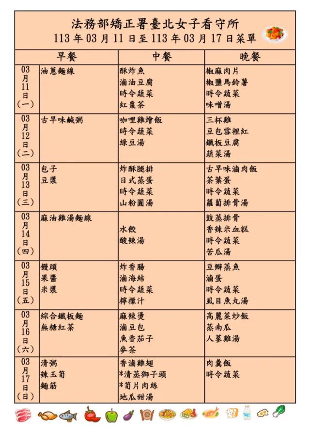 台北女子看守所菜單。翻攝台北女子看守所網站