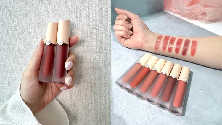 GIORGIO ARMANI奢華絲緞訂製水唇釉裸粉限定版，各4ml／1550元。品牌提供