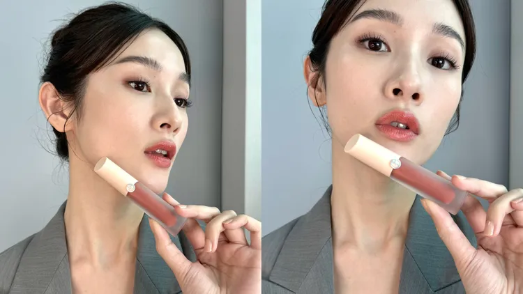 Model示範GIORGIO ARMANI奢華絲緞訂製水唇釉裸粉限定版#14冷煙奶凍。張家玲攝