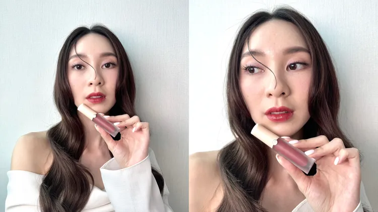 Model示範GIORGIO ARMANI奢華絲緞訂製水唇釉裸粉限定版#16冷煙野莓。張家玲攝