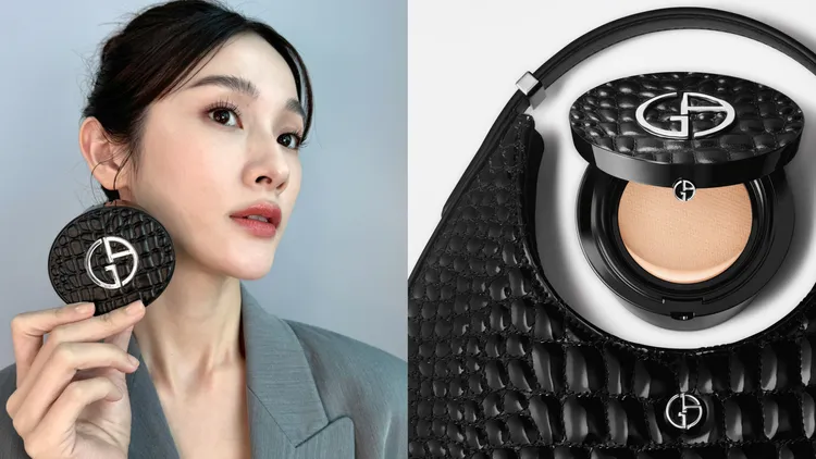 GIORGIO ARMANI黑鱷紋氣墊粉餅。左圖張家玲攝、右圖品牌提供