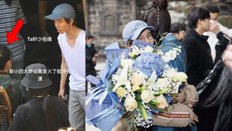 郭敬明曾不留情面訓斥程瀟（左圖），殺青時他抱住大哭的程瀟安慰一番（右圖）。翻攝Real皮皮王微博、程瀟微博