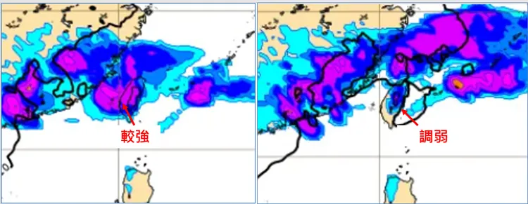最新(28日20時)歐洲(ECMWF)模式，模擬31日14時地面氣壓及降水圖(右圖)顯示，較前一日(27日20時)模式對31日14時的模擬(左圖)，台灣附近的降雨明顯調弱。翻攝自氣象應用推廣基金會