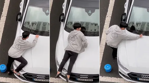 傻眼影片|他當街趴引擎蓋「性侵奧迪」 完事後這舉動好溫柔