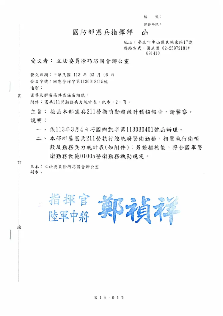 憲指部當初跟徐巧芯說站哨符合規定。徐巧芯辦公室提供