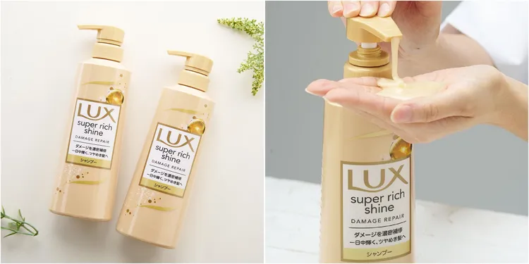 LUX 日本奇蹟閃耀洗髮精，金色款主打「深層修護」，從基底為髮絲增添光澤感，讓頑強的鋼絲絨瞬間變身光澤法藍絨！