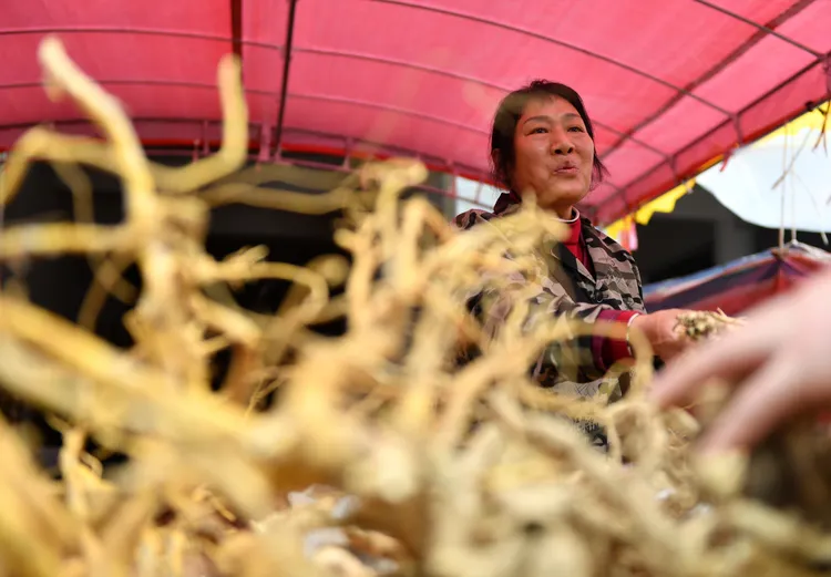 「趕分社」民眾挑選中藥材。新華社