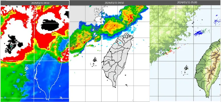 今(31日)晨4：50紅外線色調強化雲圖顯示，台灣海峽及北部海面有對流系統(左圖)；4：50雷達回波合成圖顯示，對流系統伴隨降水回波(中圖)；5時閃電監測圖顯示，對流系統亦伴隨密集閃電(右圖)。取自氣象應用推廣基金會