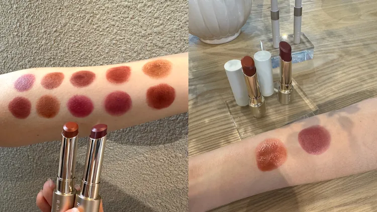 RMK露光柔潤口紅，左圖為10款常賣色、右圖為2款限定色，各1400元（蕊芯各1050元、唇膏殼350元）。張家玲攝