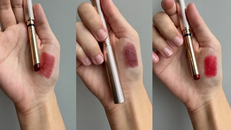 雅詩蘭黛耀眼出色細管唇膏-釉光（左起）#222、#803、#914。張家玲攝