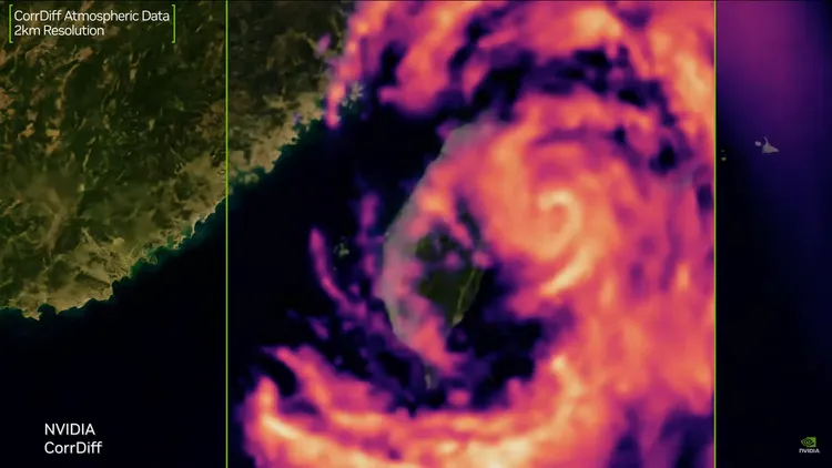 輝達GTC大會AI演示影片開場不久，就出現以台灣為背景畫面。美聯社
