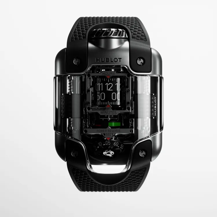 MP-10雙垂直上鍊陀飛輪鈦金腕錶，51.5mm x41.5mm，微珠噴煞錶殼，黑色立體橡膠錶帶，HUB9013自製自動上鍊鏤空陀飛輪機芯，動力儲存48小時，防水深度30米，限量50只，848萬8000元。品牌提供