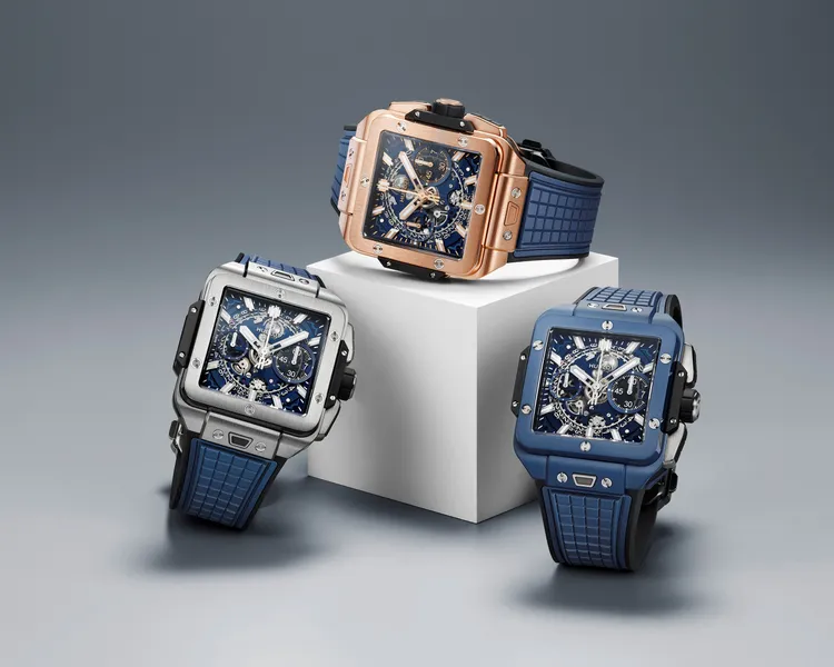 Square Bang Unico藍面計時碼錶系列， 藍陶瓷款84萬6000元、皇金藍陶瓷款128萬7000元、鈦金藍陶瓷款77萬8000元、皇金款138萬9000元、鈦金屬款74萬4000元。品牌提供
