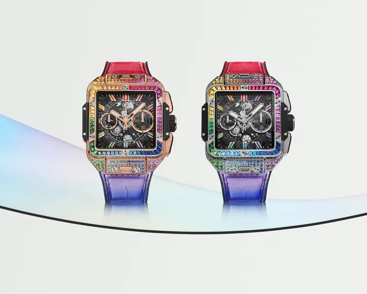 Square Bang Unico彩虹寶石計時碼錶，皇金彩虹款319萬2000元、鈦金彩虹款244萬5000元。品牌提供