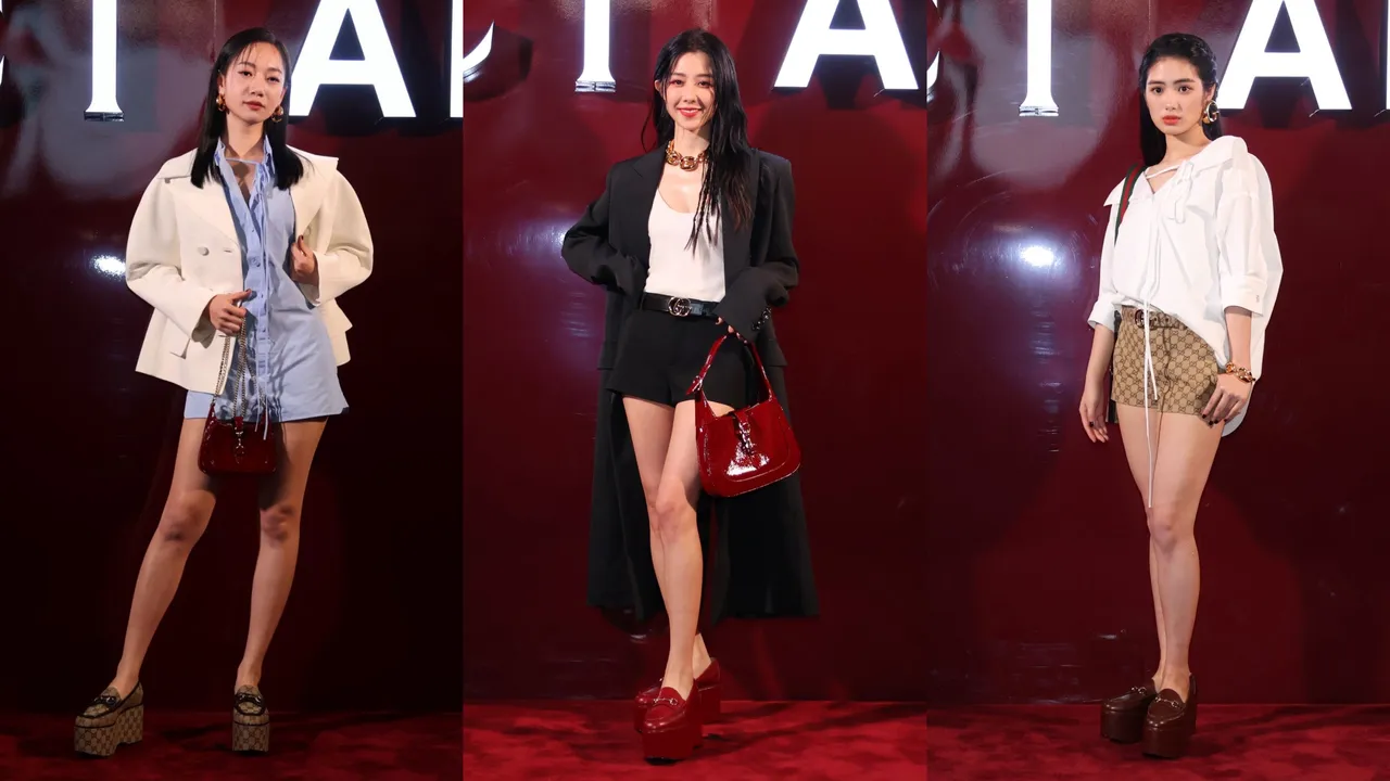 吳卓源（左起）、邵雨薇、雷嘉汭今日出席GUCCI ANCORA時尚藝術特展活動，3雙美腿都踩著超級厚底樂福鞋。莊宗達攝