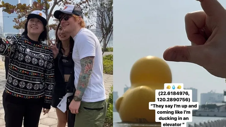 紅髮艾德前往朝聖黃色小鴨等高雄4景點藏贈獎信封，親切與找到信封的粉絲合照。翻攝紅髮艾德IG