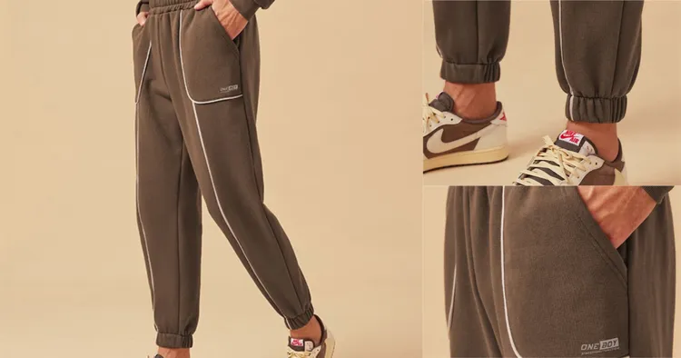 ONE BOY 420g重磅刷毛保暖滾邊造型束腳褲，420g厚挺面料加上內刷毛設計超保暖，撞色滾邊的特殊設計，增加整體的造型感。