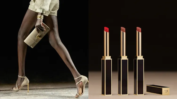 TOM FORD超模緞光極細唇膏以秀上的細跟高跟鞋為靈感。左圖翻攝品牌IG、右圖品牌提供