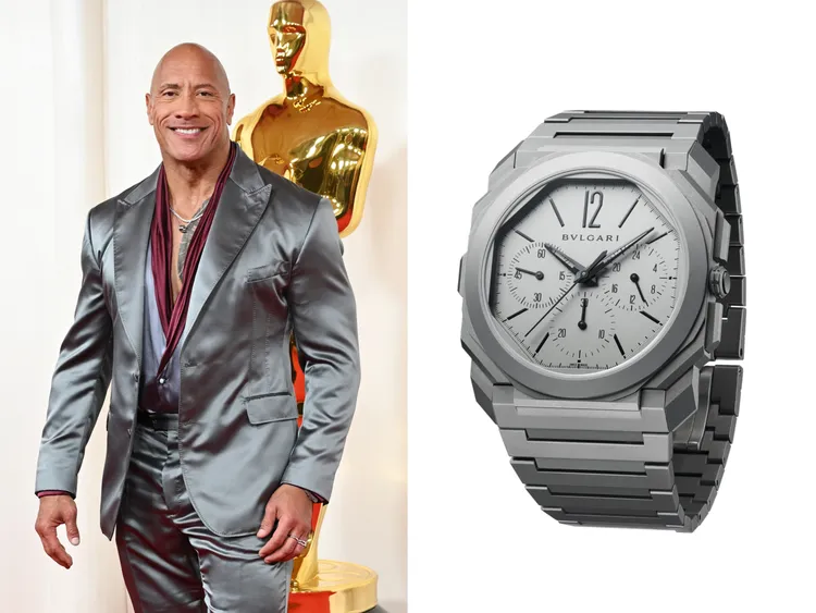 巨石強森配戴寶格麗GMT超薄兩地時區計時自動上鍊腕錶。品牌提供