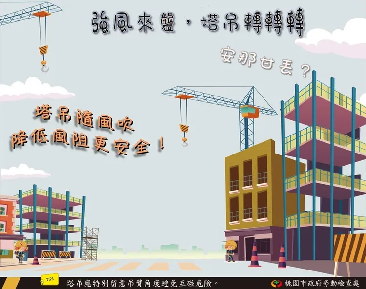 塔式起重機吊臂隨風自由旋轉，可降低風阻，避免遭瞬間強風彎折危險。勞檢處提供