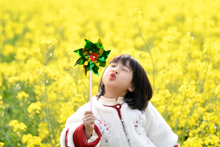 一名幼童在中國貴州一處油菜花田間玩耍。新華社