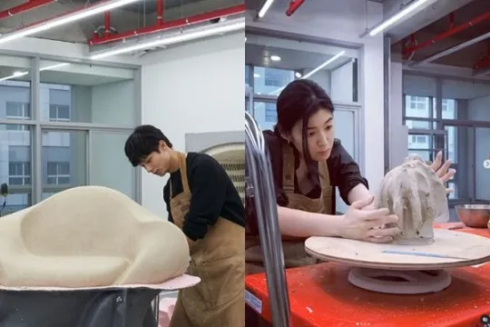 鄭恩彩（右圖）去年7月捏陶送朋友，就是在金忠宰的工作室創作。翻攝金忠宰、鄭恩彩IG