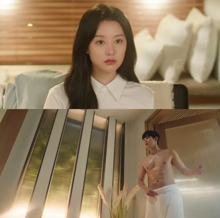 金智媛（上圖）劇中看到老公金秀賢的腹肌，看到呆掉。翻攝Netflix