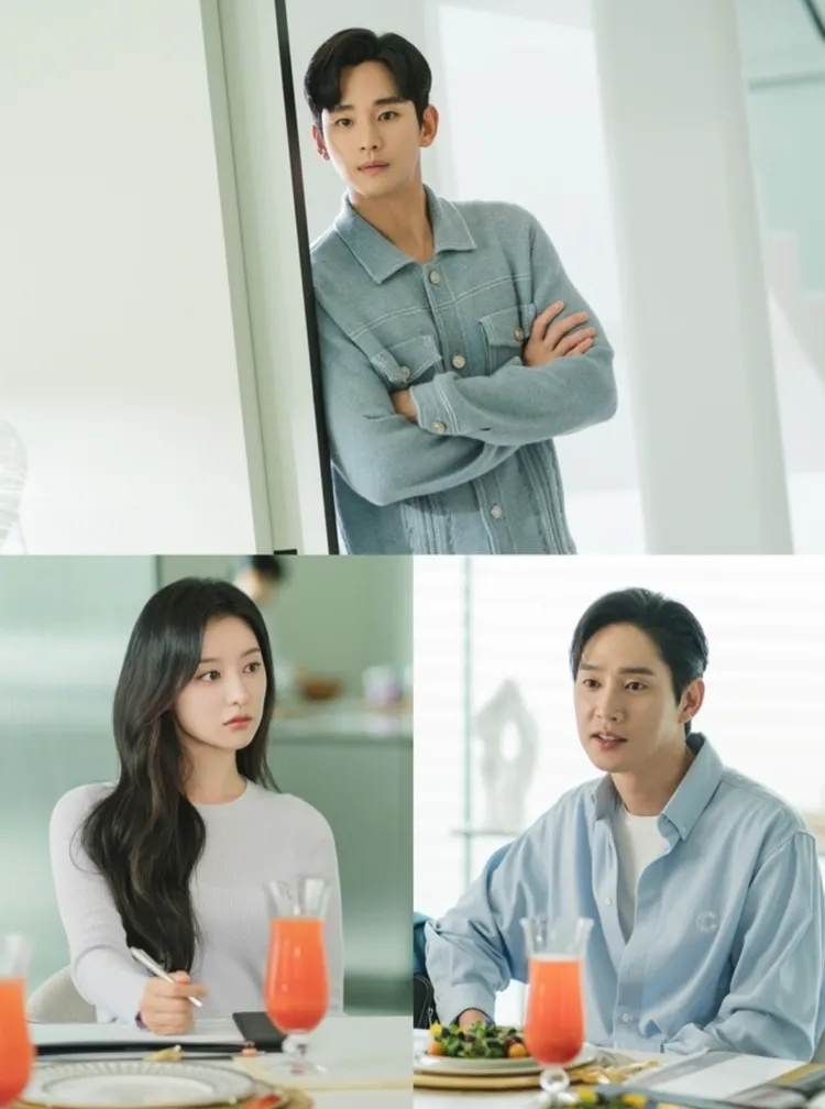 金秀賢（上圖）劇中打翻醋罈子，緊盯老婆金智媛與朴成焄開會。翻攝tvN