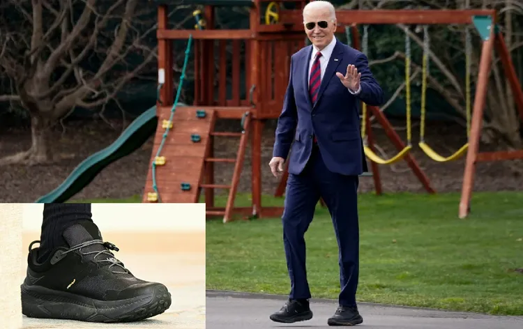 媒體拍攝到拜登換了一雙「寬底運動鞋」HOKA Transport（小圖）。路透社