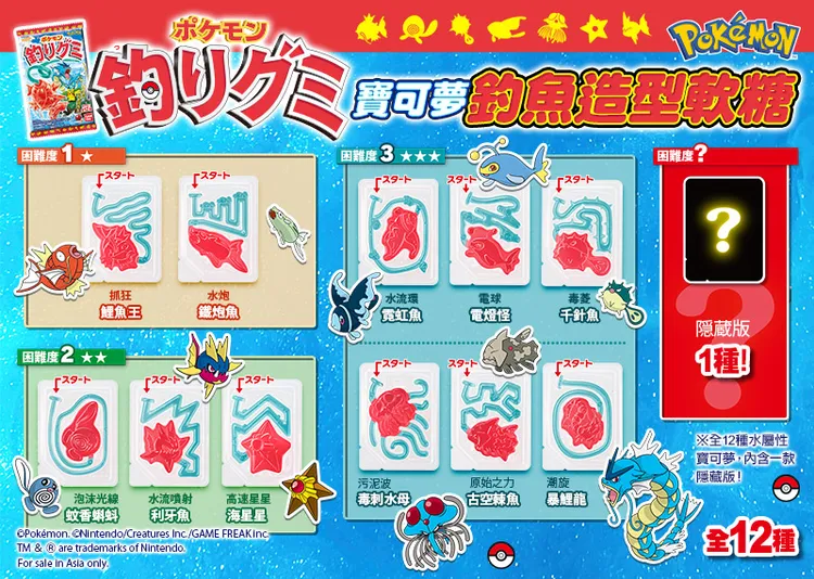 「寶可夢釣魚造型軟糖」含一隱藏版共有12款水系寶可夢，分成3種挑戰難易度。業者提供