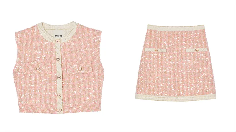 粉色粗花呢亮片背心1萬1290元、粉色粗花呢亮片短裙8290元。品牌提供
