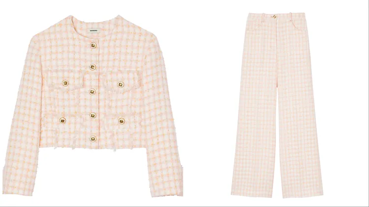 粉色粗花呢外套1萬4690元、粉色粗花呢長褲1萬390元。品牌提供