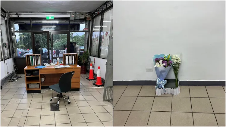 分駐所內牆角，有人獻上花束哀悼殉職警員。翻攝自李嘉濠臉書