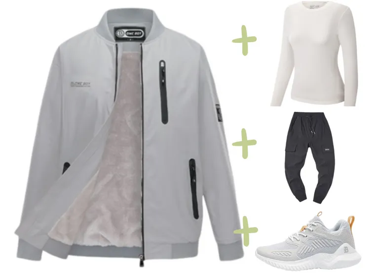 發熱衣當打底，搭配一件機能款棒球外套，不敗束口褲及輕量休閒鞋。